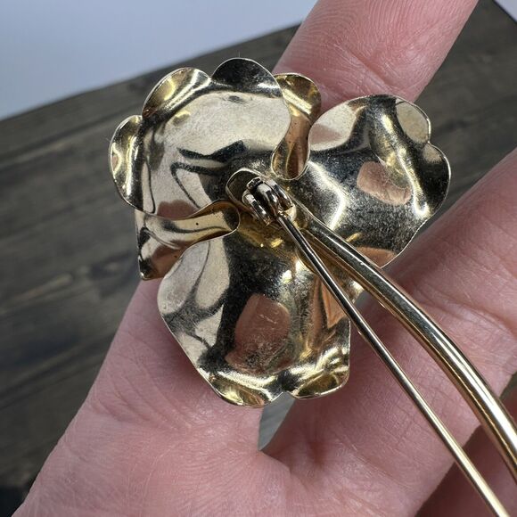 4 Vintage Gold Tone Flower Leaf Brooch Pins Metal Faux Pearls Rhinestone Estate - Picture 13 of 14